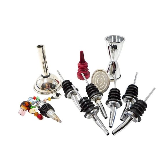 Barware Lot Set Jigger Bottle Pourers Wine Stopper Funnel Mesh Strainer - Picture 1 of 7